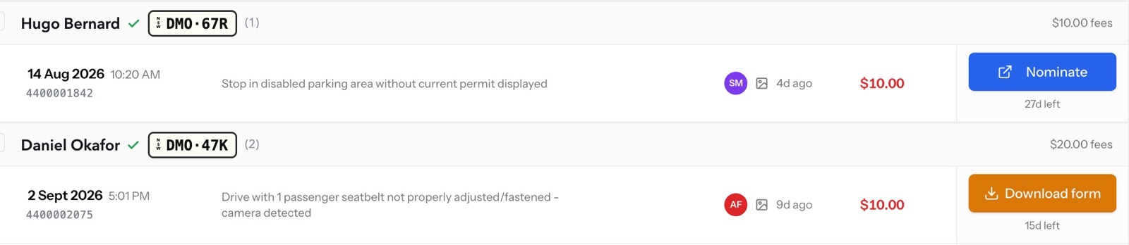 Fines matched to drivers with Nominate and Download form actions