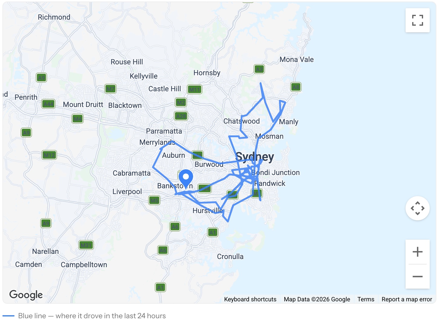 A vehicle's last 24 hours drawn across Sydney
