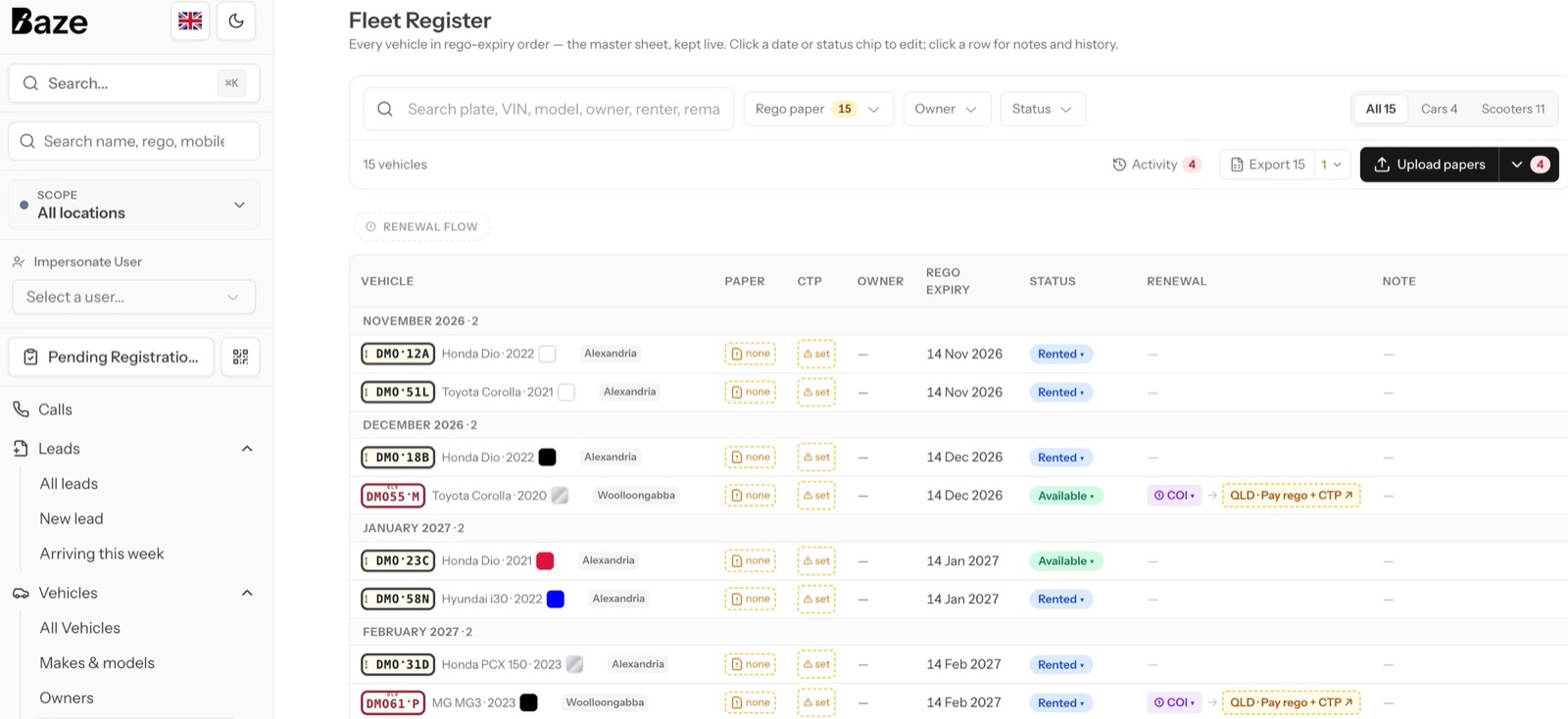 The Fleet Register: every vehicle in rego-expiry order
